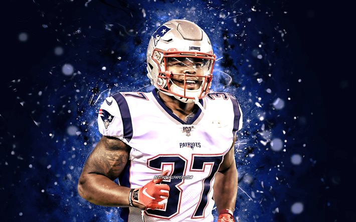 Damien Harris, 4k, porteur de ballon, New England Patriots, football am&#233;ricain, NFL, n&#233;ons bleus, Damien Harris New England Patriots, Damien Harris 4K