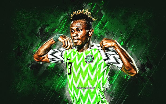 Samuel Chukwueze, Nigeria fotbollslandslag, nigeriansk fotbollsspelare, portr&#228;tt, gr&#246;n stenbakgrund, fotboll