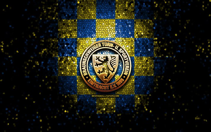 Braunschweig FC, logo glitter, Bundesliga 2, sfondo blu a scacchi giallo, calcio, squadra di calcio tedesca, logo Braunschweig, arte del mosaico, Eintracht Braunschweig