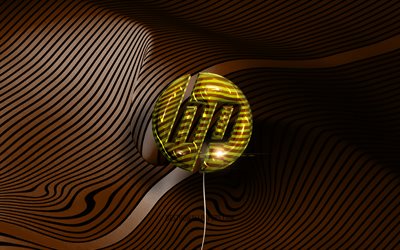 Hewlett-Packard logosu, 4K, HP 3D logosu, altın ger&#231;ek&#231;i balonlar, HP logosu, Hewlett-Packard, kahverengi dalgalı arka planlar, HP
