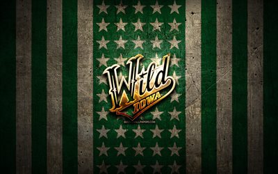 Iowa Wild flag, AHL, green brown metal background, american hockey team, Iowa Wild logo, USA, hockey, golden logo, Iowa Wild