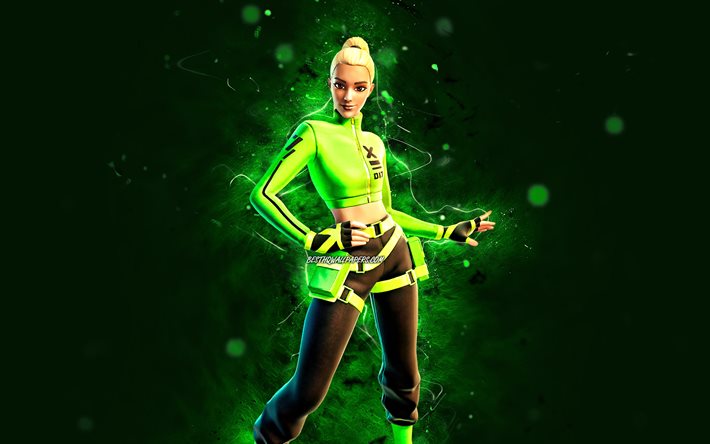 Kyra, 4k, green neon lights, Fortnite Battle Royale, Fortnite characters, Kyra Skin, Fortnite, Kyra Fortnite