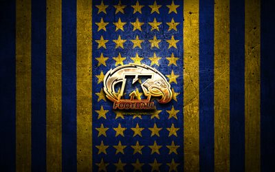 Kent State Golden Flashes flag, NCAA, blue yellow metal background, american football team, Kent State Golden Flashes logo, USA, american football, golden logo, Kent State Golden Flashes