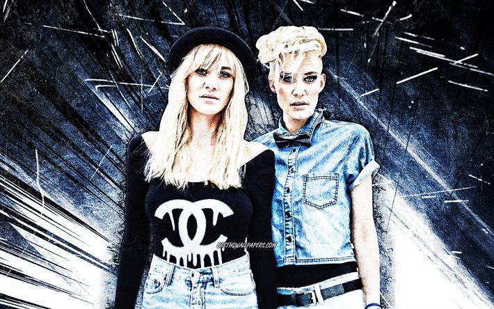 4k, Nervo, grunge art, music stars, Australian DJs, Olivia Nervo, Miriam Nervo, blue abstract rays, superstars, Nervo 4K