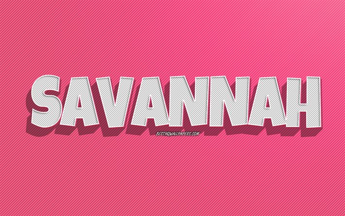 Savannah, fond de lignes roses, fonds d&#39;&#233;cran avec noms, nom de Savannah, noms f&#233;minins, carte de voeux Savannah, dessin au trait, photo avec nom Savannah