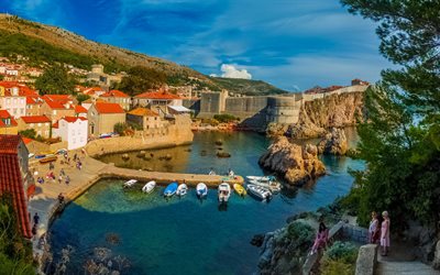 Dubrovnik, morning, beautiful bay, yachts, resorts of Croatia, summer, Adriatic Sea, Croatia