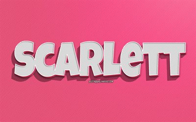 Scarlett, fond de lignes roses, fonds d&#39;&#233;cran avec des noms, nom Scarlett, noms f&#233;minins, carte de voeux Scarlett, dessin au trait, photo avec nom Scarlett