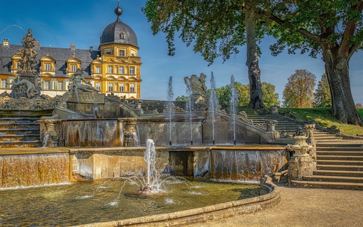 Seehof Palace, Memmelsdorf, Bamberg, Schloss Seehof, fountains, evening, castles of Germany, HDR, Germany