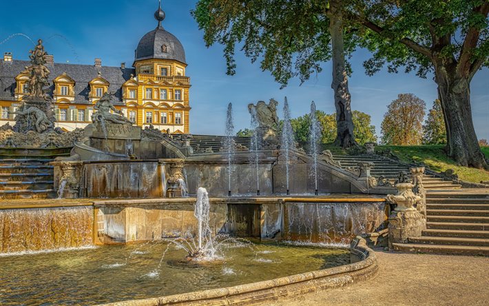 Pal&#225;cio Seehof, Memmelsdorf, Bamberg, Schloss Seehof, fontes, noite, castelos da Alemanha, HDR, Alemanha