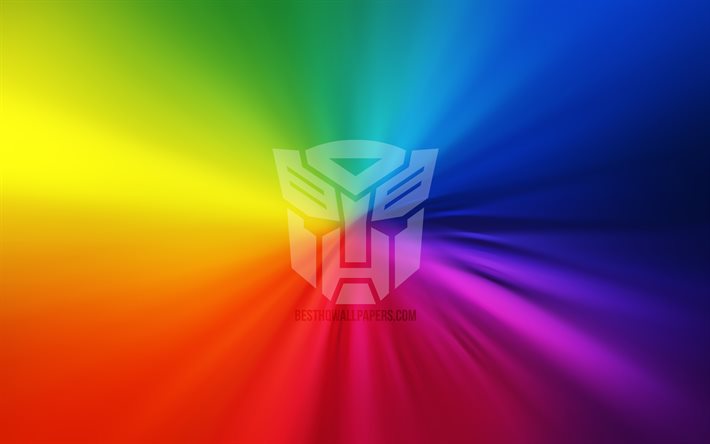 Transformers-logo, 4k, py&#246;rre, sateenkaaren taustat, luova, taideteos, Transformers