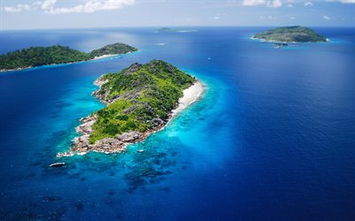 Seychelles, ilhas tropicais, vista a&#233;rea, Oceano &#205;ndico, ilhas, oceano, ver&#227;o