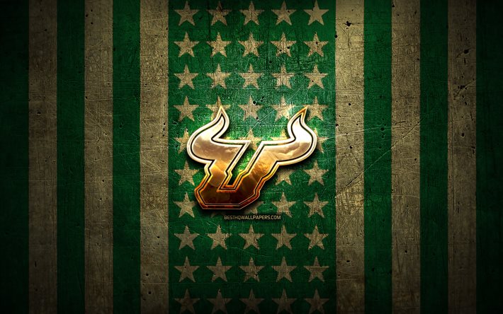 South Florida Bulls flag, NCAA, green brown metal background, american football team, South Florida Bulls logo, USA, american football, golden logo, South Florida Bulls