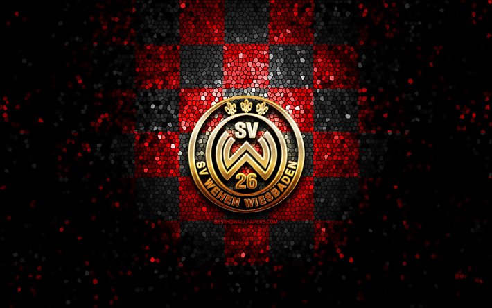 Wehen Wiesbaden FC, logotipo de glitter, Bundesliga 2, fundo vermelho preto quadrin, futebol, clube de futebol alem&#227;o, logotipo Wehen Wiesbaden, arte de mosaico, SV Wehen Wiesbaden