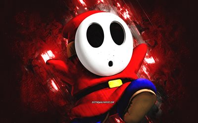 Shy Guy, Super Mario, Mario Party Star Rush, personnages, fond en pierre rouge, Personnages principaux de Super Mario, Shy Guy Super Mario