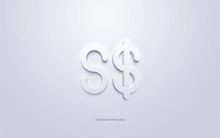 Simbolo del dollaro di Singapore, simbolo di valuta, dollaro di Singapore, simbolo del dollaro 3D di Singapore bianco, valuta del dollaro di Singapore, sfondo bianco