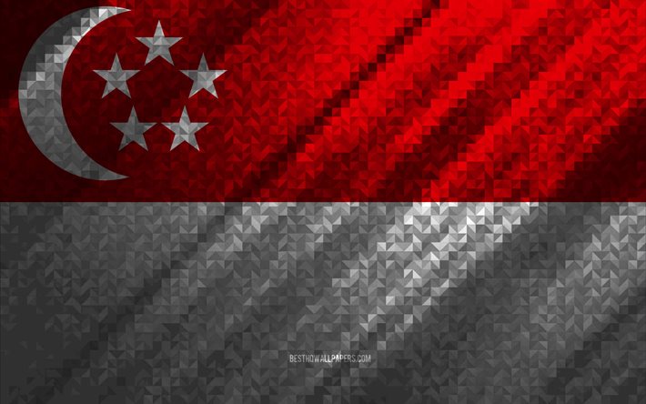 Drapeau de Singapour, abstraction multicolore, drapeau de mosa&#239;que de Singapour, Singapour, art de mosa&#239;que, indicateur de Singapour