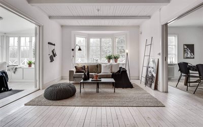 design de interiores elegante, casa de campo, sala de estar, paredes brancas na sala de estar, paredes brancas e ch&#227;o, interior moderno, sala de estar estilo escandinavo