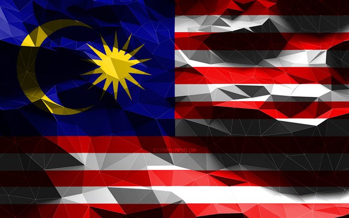 4k, indicateur malaisien, art poly bas, pays asiatiques, symboles nationaux, drapeau de la Malaisie, drapeaux 3D, drapeau de malaisie, Malaisie, Asie, indicateur 3D de malaisie