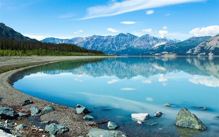 montañas, lago, bosque, montaña, Canadá, Yukon, Kluane Lago
