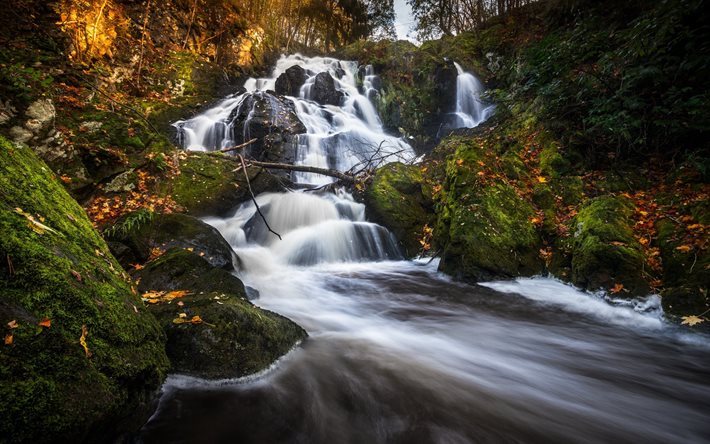 waterfall, mountains, autumn, Sweden, forest