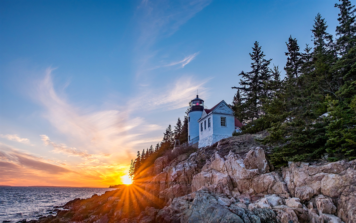 lighthouse, bay, ocean, coast, sunset, Atlantic Ocean, Bass Harbor, Maine, Acadia National Park, Mount Desert Island, USA