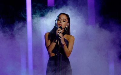 Ariana Grande, portrait, concert, American singer, microphone, black dress