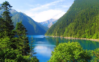 بحيرة جبلية, 4k, الصين, المناظر الطبيعية الجبلية, الغابات, الطبيعة الجميلة