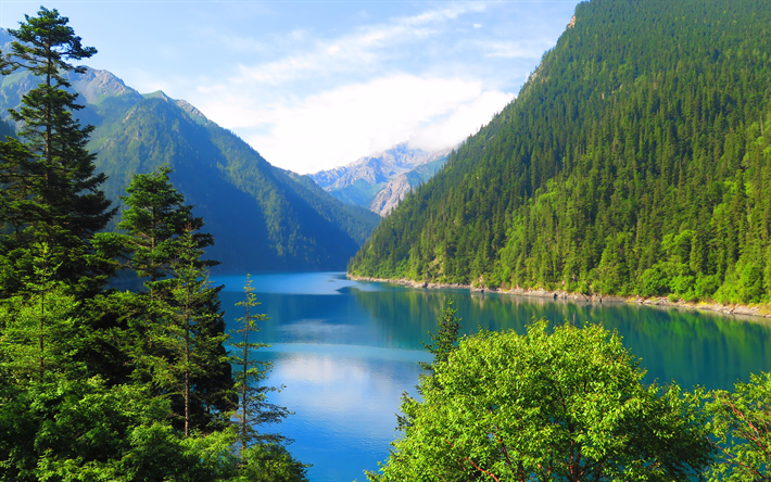 山湖, 4k, 中国, 山の風景, 森林, 美しい自然