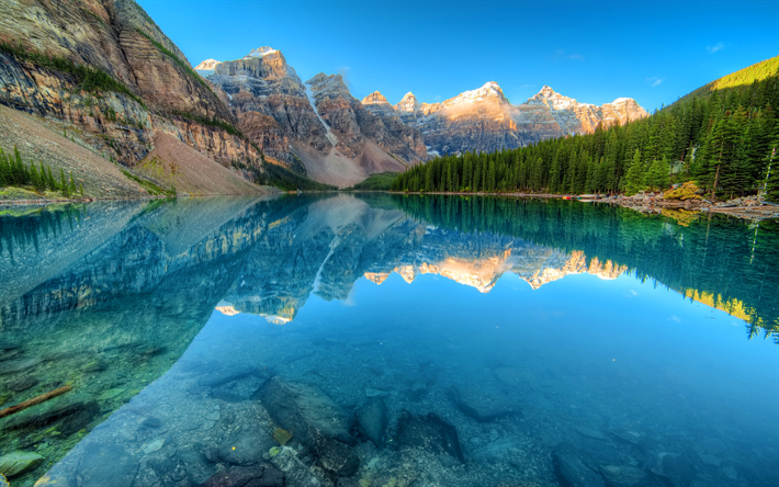 Canada, O Lago Moraine, floresta, O Parque Nacional De Banff, lago azul, Am&#233;rica Do Norte, montanhas