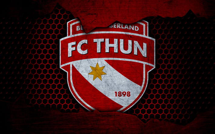 FC Thun, 4k, logotyp, Schweiziska Super League, fotboll, football club, Schweiz, grunge, metall textur