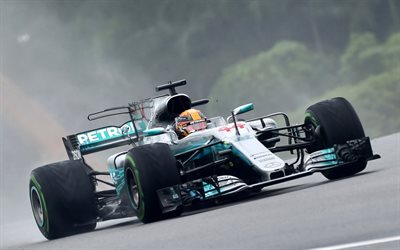 Lewis Hamilton, 4k, Formula 1, auto da corsa, Mercedes AMG Petronas F1 Team Mercedes di F1 W08, pista di corsa