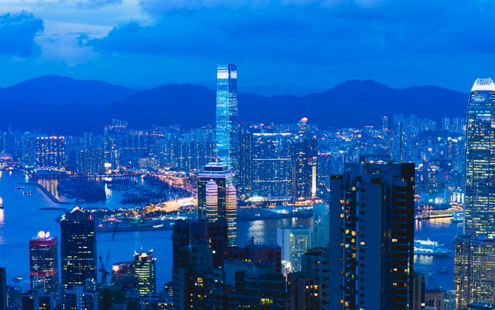 Hong Kong, China, arranha-c&#233;us, bay, metr&#243;pole, noite, luzes da cidade