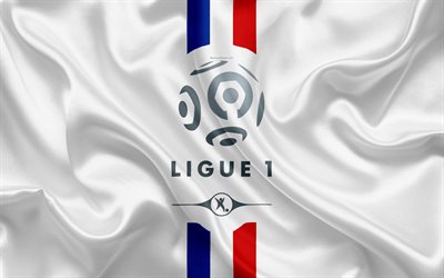 France Ligue 1, logo, emblem, 4k, French flag, French Football Championships, football, silk texture, Ligue 1 Conforama