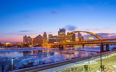 Pittsburgh, Fort Pitt Bridge, akşam, 4k, şehir ışıkları, g&#246;kdelenler, k&#246;pr&#252;, Pennsylvania, ABD