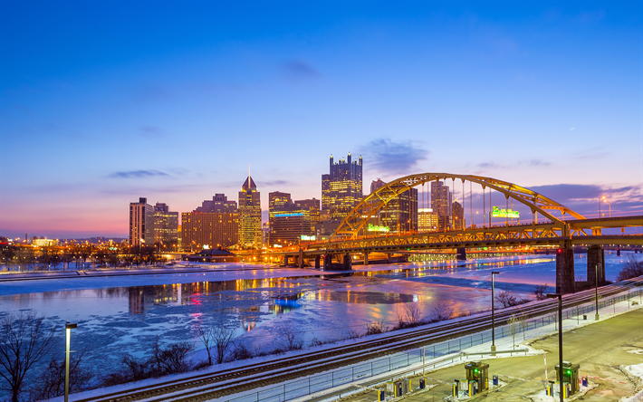 Pittsburgh, Fort Pitt Puente, noche, 4k, las luces de la ciudad, rascacielos, puentes, Pennsylvania, estados UNIDOS