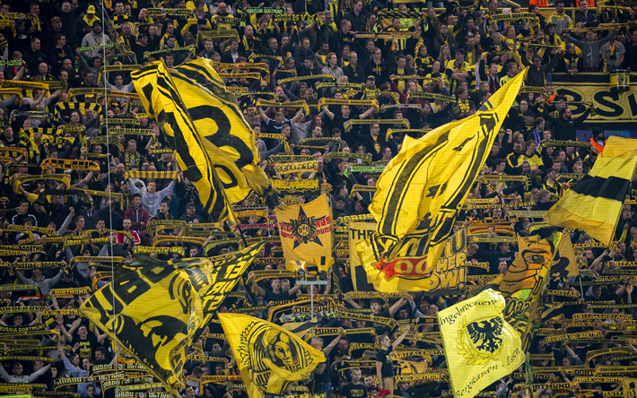 O Borussia Dortmund, 4k, f&#227;s, tribuna, Bundesliga, BVB, futebol