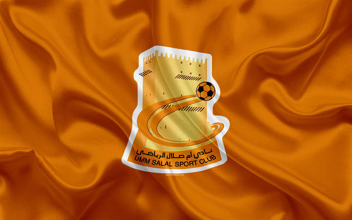 umm salal sc, 4k, katar-fu&#223;ball-club, emblem, logo, qatar stars league, ar-rayyan, katar, fu&#223;ball, seide textur, flagge, umm-salal fc