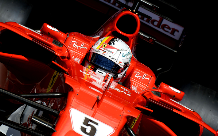 Sebastian Vettel, 4k, Tysk racerf&#246;rare, Formel 1, Ferrari, racing bil