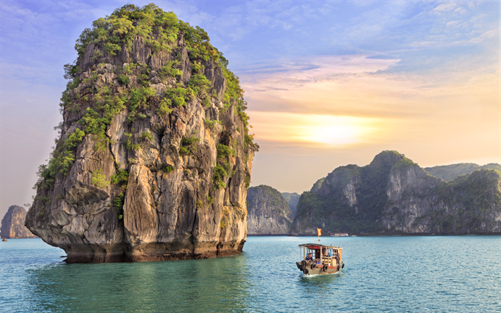 Halong Bay, sea, 4k, cliffs, Indochina, Grotto, Vietnam, Asia