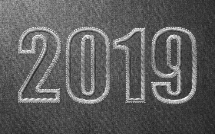 2019年, グレーの生地, 刺繍, グレー背景, 2019概念, 謹んで新年の2019年