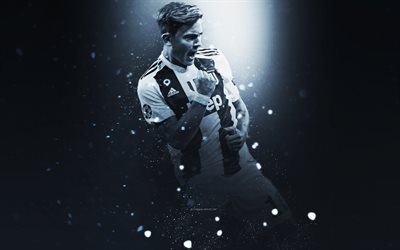 Paulo Dybala, 4k, kreativ konst, Juventus FC, Argentinsk fotbollsspelare, anfallare, ljuseffekter, Premier League, England, fotbollsspelare, Dybala, Juve