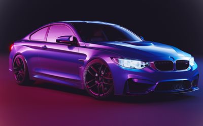 BMW M4 Coupe, F82, 2018, blue matte M4, neon light, tuning M4, German cars, BMW