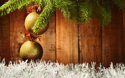Merry Christmas, wooden background, Happy New year, golden balls, xmas decoration, Christmas