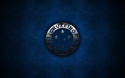 Cruzeiro Esporte Clube, Cruzeiro FC, 4k, logo en m&#233;tal, embl&#232;me, bleu m&#233;tal, fond, art cr&#233;atif, le Br&#233;silien du club de football, &#224; Sao Paulo, au Br&#233;sil, en Serie A, le football