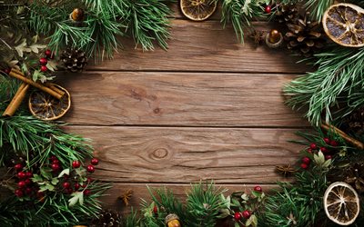 Christmas, New Year, wooden background, boards, green tree, cinnamon, decoration