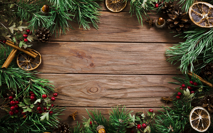 Navidad, A&#241;o Nuevo, fondo de madera, tableros, &#225;rbol verde, la canela, la decoraci&#243;n