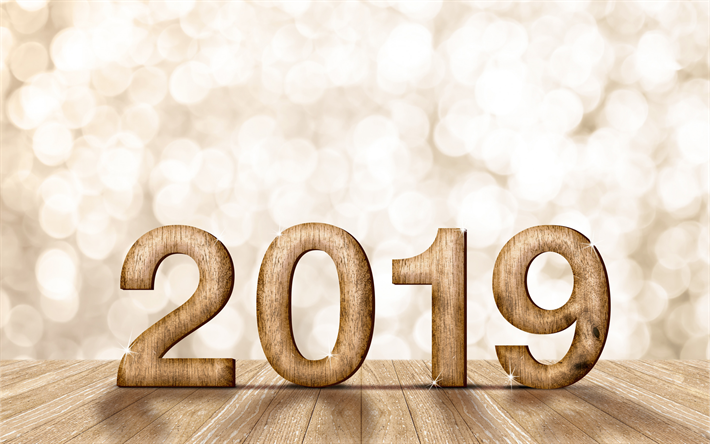 2019 Year, New Year, wooden brown digits, 3d digits, 2019 concepts