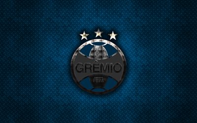 Gremio FC, 4k, metal logo, yaratıcı sanat, Brezilyalı Futbol Kul&#252;b&#252; amblemi, mavi metal arka plan, Porto Alegre, Brezilya Serie A, futbol, Futbol Gremio Porto Alegrense