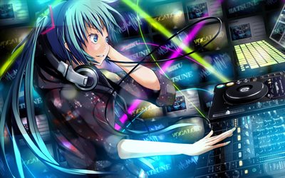 Hatsune Miku, DJ station, artwork, Vocaloid, blue hair, Miku Hatsune, manga