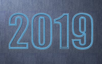 2019 year, blue fabric, embroidery, blue background, 2019 concepts, Happy New Year 2019